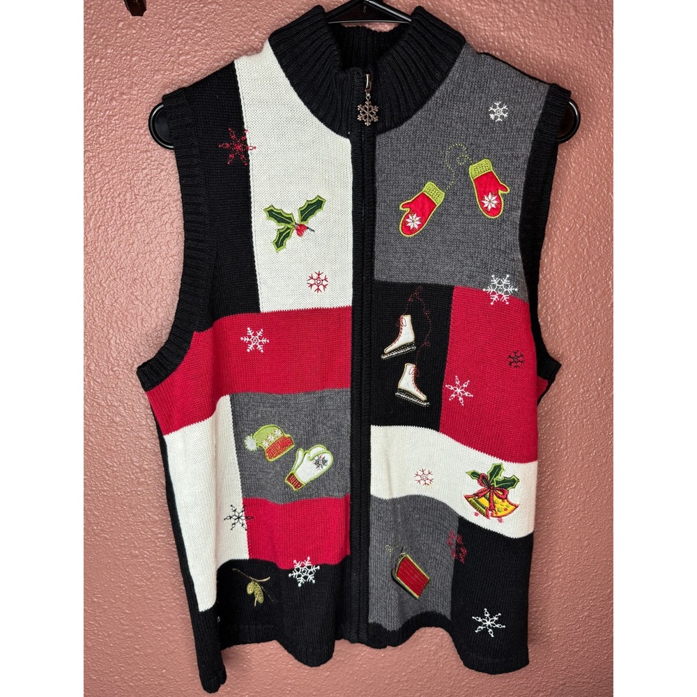 Vintage Womens Holiday Patchwork Knit Vest Mock Neck Zipper Red Black White